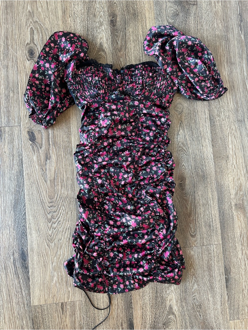 For Love & Lemons Black Mini Dress with Pink Floral Print